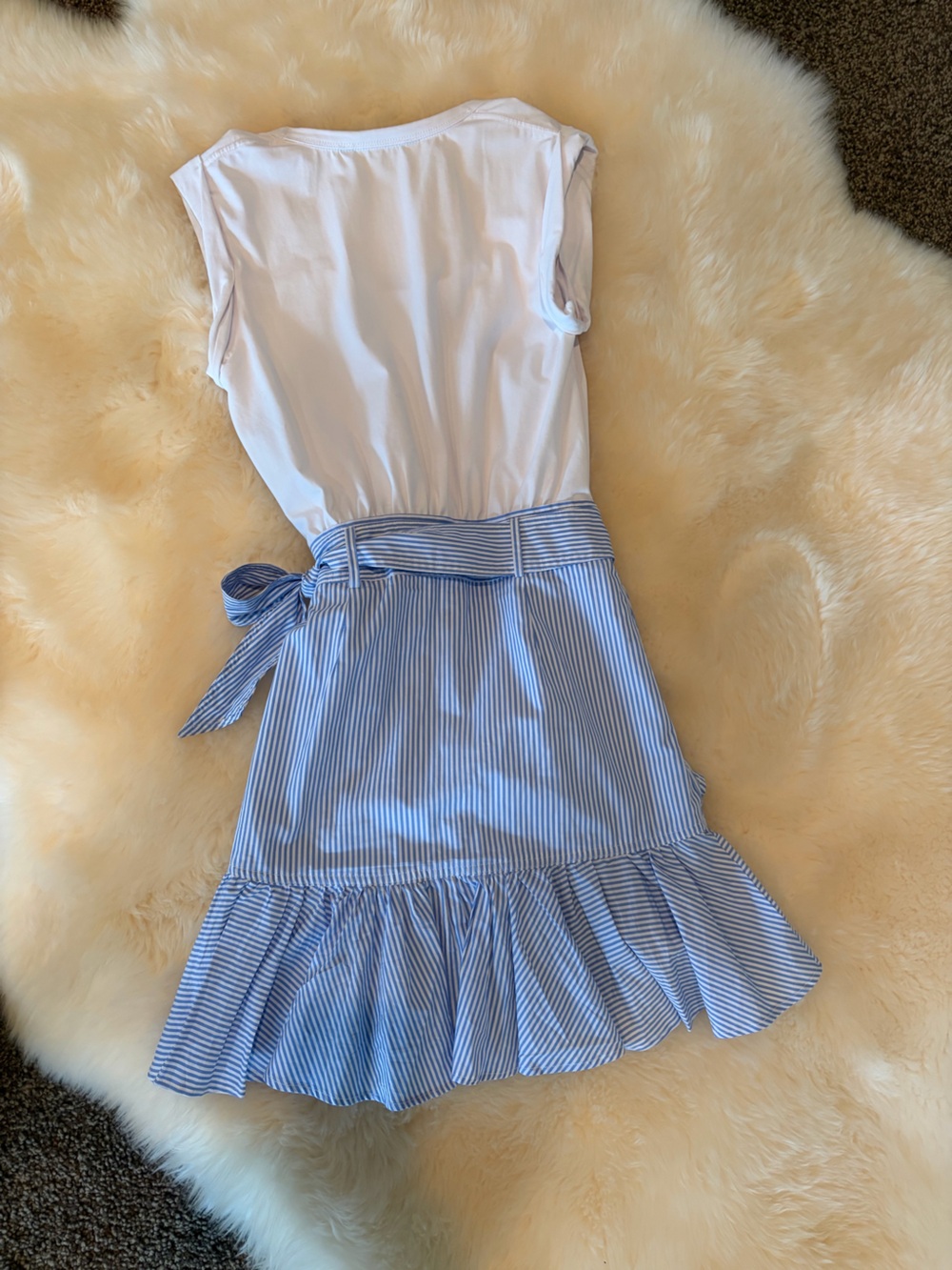 Veronica Beard Blue and White Striped Ruffle Wrap Mini Skirt - Picture 2 of 6